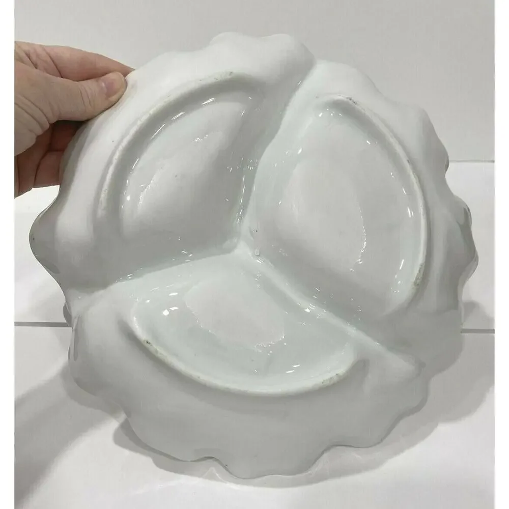 Vintage porcelain center handle server bowl 3-part vegie display white & floral